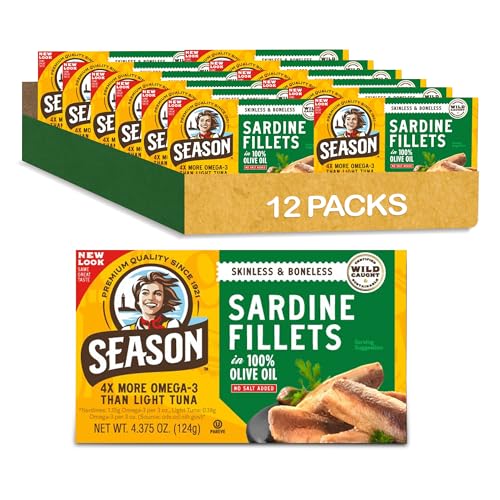 Image of Season Sardines in Olive Oil Skinless & Boneless, 4.37 Oz Tins, 12-Pack | No Salt Added, Wild Caught, 22g of Protein, Keto Snacks, More Omega 3's Than Tuna, Kosher, High in Calcium, Canned Sardines