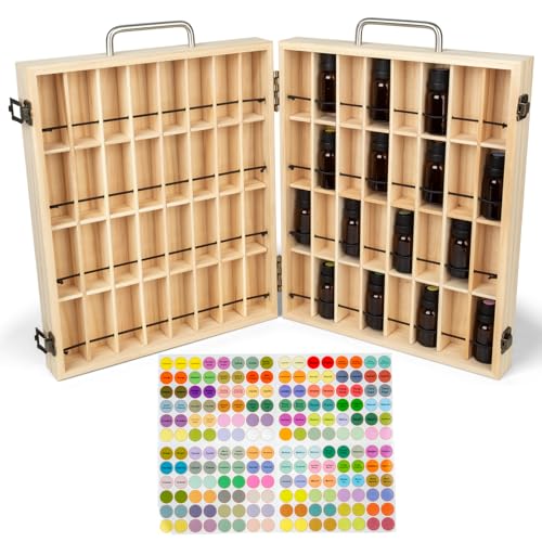 Guolich Aufbewahrungsbox für ätherische Öle aus Holz Ätherische Öle Display Organizer 64 Fächer Ständerhalter für 5-15 ml Flaschen Nagellack, Duftöle, Lippenstift und Parfümlagerung mit Deckel