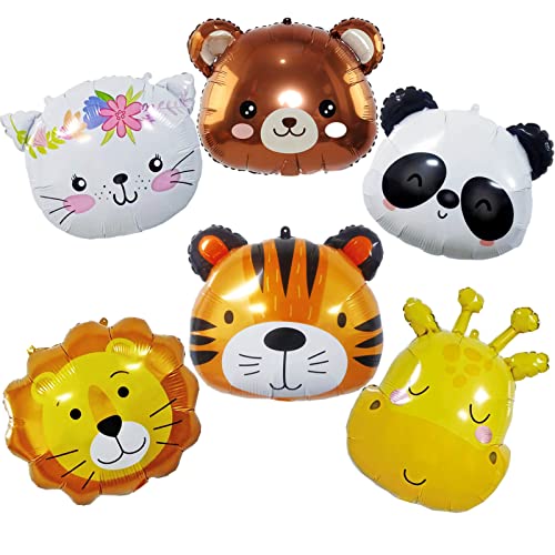 Bear Tiger Balloons 24 Inch Foil Helium Adorable Giraffe Panda Cat Tiger Bear Lion Shaped Jungle Safari Animal Balloons for Wildlife Theme Birthday Party Decorations Supplies(Pack of 6)