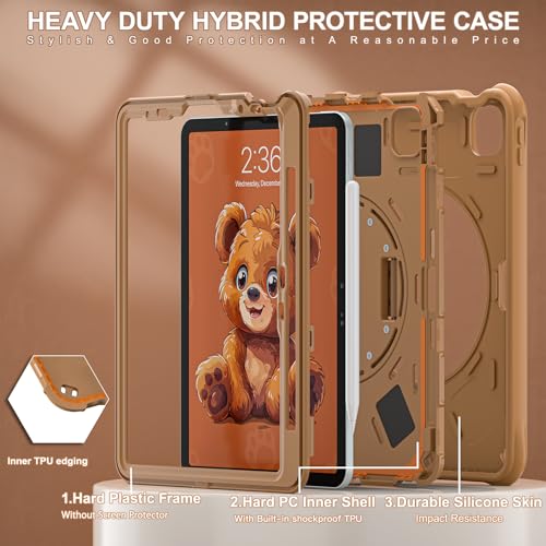 Image of ProElite Cover for iPad Air 11 M4 /M3 /M2 2026 /2025 /2024 / Pro 11 4th /3rd Gen /Air 5 /4 Gen 10.9 inch Case, Tough Bubble Kids Case with Pencil Holder with Rotating Kickstand & Shoulder Strap, Brown