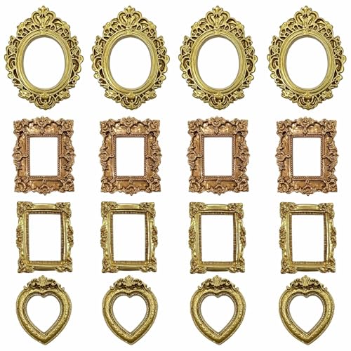 16 Pcs Resin Mini Photo Frames 4 Styles Picture Frames Vintage Carving Mini Frames for Crafts DIY Wall Hanging Jewelry Photography Mobile Phone Christmas Holiday Party Hotel Decor (Gold)