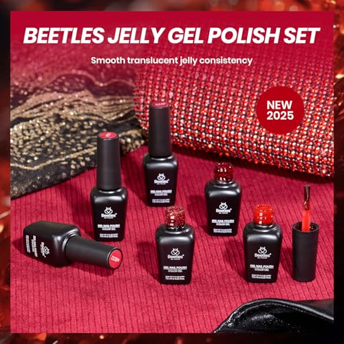 Image of Beetles Red Jelly Gel Nail Polish Set - Luminous Ruby Jelly Gel Polish, 6 Colors Burgundy Gel Nail Kit Sheer Red Neutral Translucent Effect Soak off UV DIY Salon Manicure Gift for Women