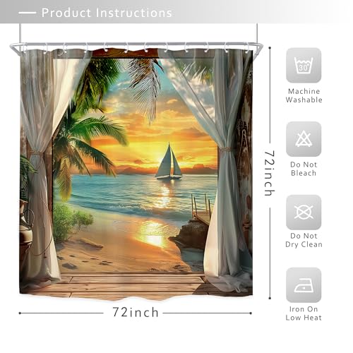 Image of Riyidecor Beach Shower Curtain 72Wx72H Inch Coastal Sunset Beachy Seaside Ocean Sea Hawaiian Tropical Palm Tree Scenery Barn Door Summer Bathroom Decor Fabric Polyester Waterproof 12 Pack Hooks