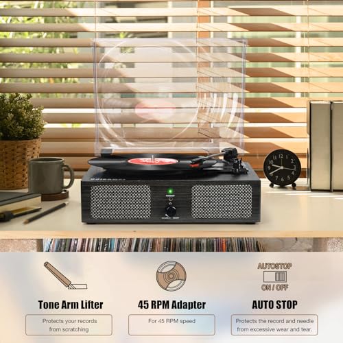Image of Vinyl Record Player Wireless Turntable with Built-in Speakers and USB Belt-Driven Vintage Phonograph Record Player 3 Speed for Entertainment and Home Decoration Black