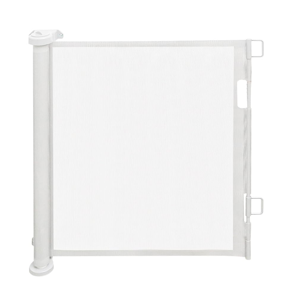 Barrière de Sécurité Rétractable Escalier pour Bébés, Enfant et Chiens, 0-150 cm de Large, Barriere de Securite Enroulable pour Escaliers, Couloirs, Intérieurs et Extérieurs (Blanc, 86*150cm)