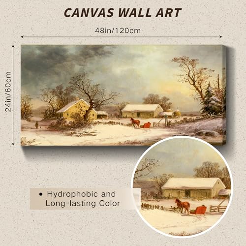 crmotu Winter Wall Art, Canvas Wall Art Landscape, Large Wall Decor, Rustic Farmhouse Wall Decor, Warm Country Vintage Paintings for Living Room Bedroom Above Bed Hallway Office Art Prints 24"X48"
