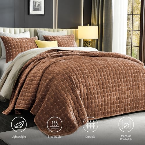 Image of Grassix Velvet Quilt Set Queen Size, Luxury Geometric Design, Burnt Orange | Lightweight Velvet Comforter with 2 Pillow Shams, Ultra Soft Bedspread Coverlet, Quilted Bedding Set for All Seasons, 90 inchx96 inch