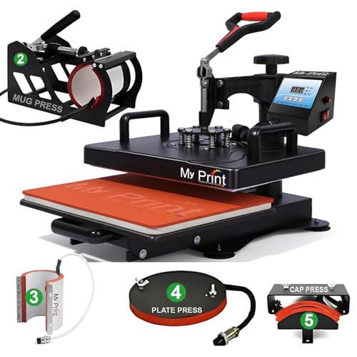Image of MY PRINT | Heat Press 5 in 1 Digital Multi Functional | DTF PRINTING | Sublimation Printing | Vinyl Printing Machine for T-Shirts [Any Flat Product] with Cap Press, Plate Press, 11Oz Mug Press, with extra Mug Attachment | 12x15 Inch | For Business Supplies [Teflon Attached] (with SLIDER 5in1)