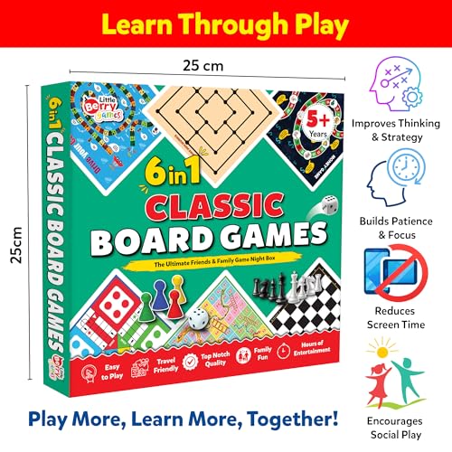 Image of 6 in 1 Classic Board Games Set for Kids & Family | Includes Ludo, Chess, Snakes & Ladders, Checkers & More | Indoor Strategy Games, Travel Friendly Game Kit for 5+ Years