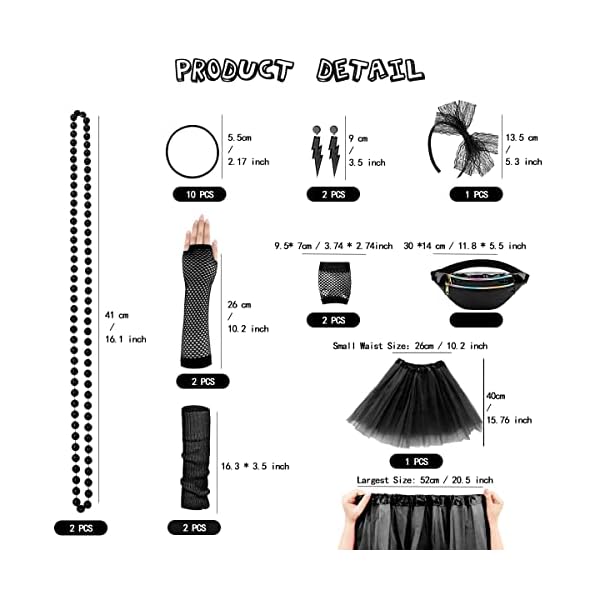 Wildparty 80s costume accessories for women, t-shirt tutu fanny pack headband earring necklace fishnet gloves legwarmers - image 3