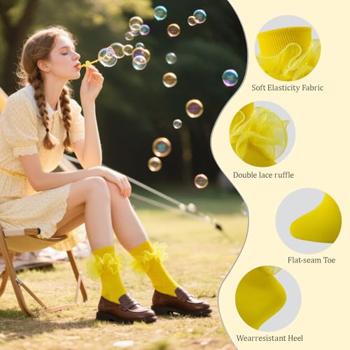 Image of Women Big Ruffle Ankle Socks Adult Double Lace Frilly Turn Cuff Dress Socks Cotton Cute Fancy Bobby Crew Socks
