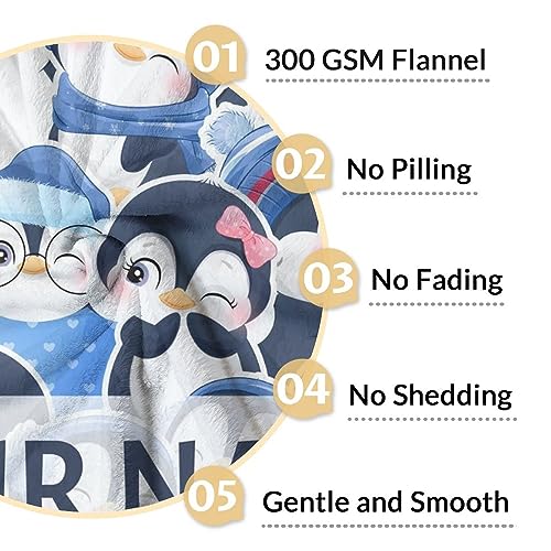 Custom Penguin Blankets with Name - Soft Warm Blanket Throw for Kids, Adults - 40"x50" Flannel Blankets for Couch, Sofa - Blue Cute Blanket Gifts