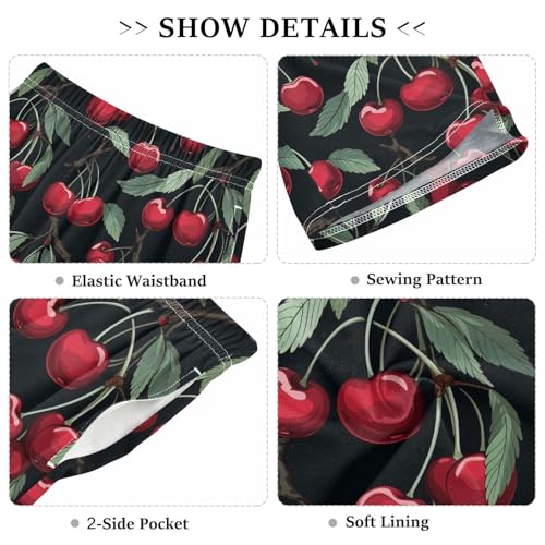 ALAZA Cherry with Leaves Black Pajama Shorts Sleep Shorts Pant Lounge Pajama Bottoms Elastic Waist with Pockets3