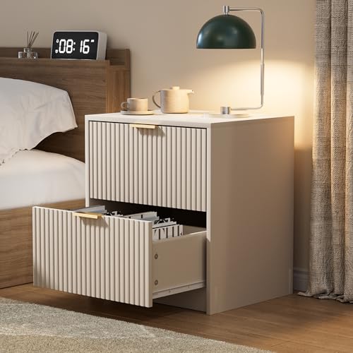 Image of Furniway Nightstands Set of 2, Fluted Nightstand with Gold Metal Handles and 2 Drawers, Modern Bedside Table, 19.6 inch Wide Wood End Table for Bedroom, Beige