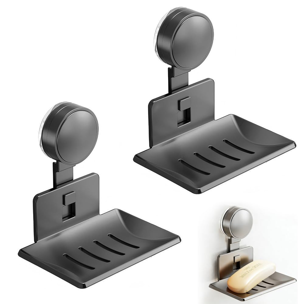 2 Pack Suction Cup Soap Dish Holder,Aluminum & ABS Tray for Shower、Kitchen