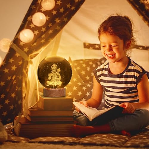Image of 3D Hanuman Crystal Ball Night Lamp, Solar System Hanuman Crystal Ball Night Light, USB Table Colorful Led Wooden Crystel Ball for Home, Office, Birthday Gift (Hanuman)
