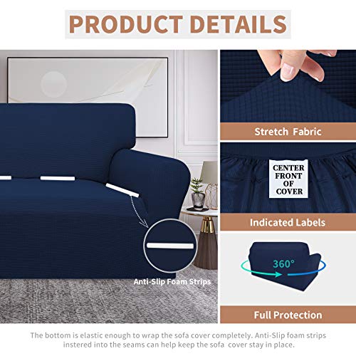 Image of Easy-Going 100% Waterproof Loveseat Couch Cover Stretch Jacquard Sofa Cover | Dual Waterproof Sofa Slipcover, Leakproof Furniture Protector for Kids, Pets, Dog and Cat (Loveseat, Navy)