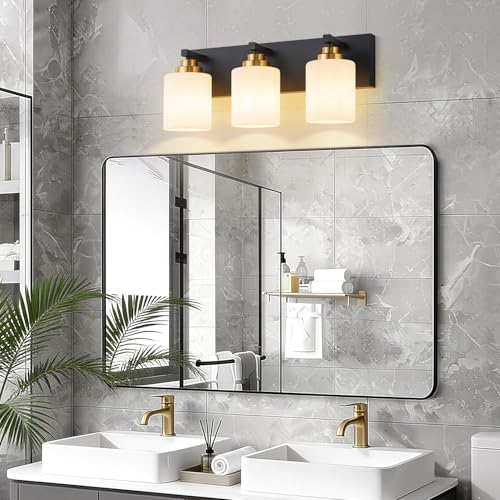 Image of Vanity Lights for Bathroom, 3-Light Black and Gold Bathroom Vanity Light Over Mirror with Milky White Glass Shades, Modern Bathroom Light Fixtures for Living Room Hallway Cabinet (Bulbs Not Included)