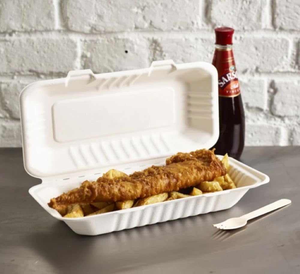 HOT BARGAINS 125 X Bagasse Single Compartment Snack Box, Fish and Chips Large White Box - 324 x 155 x 60mm (13"X 6") Disposable Food Boxes