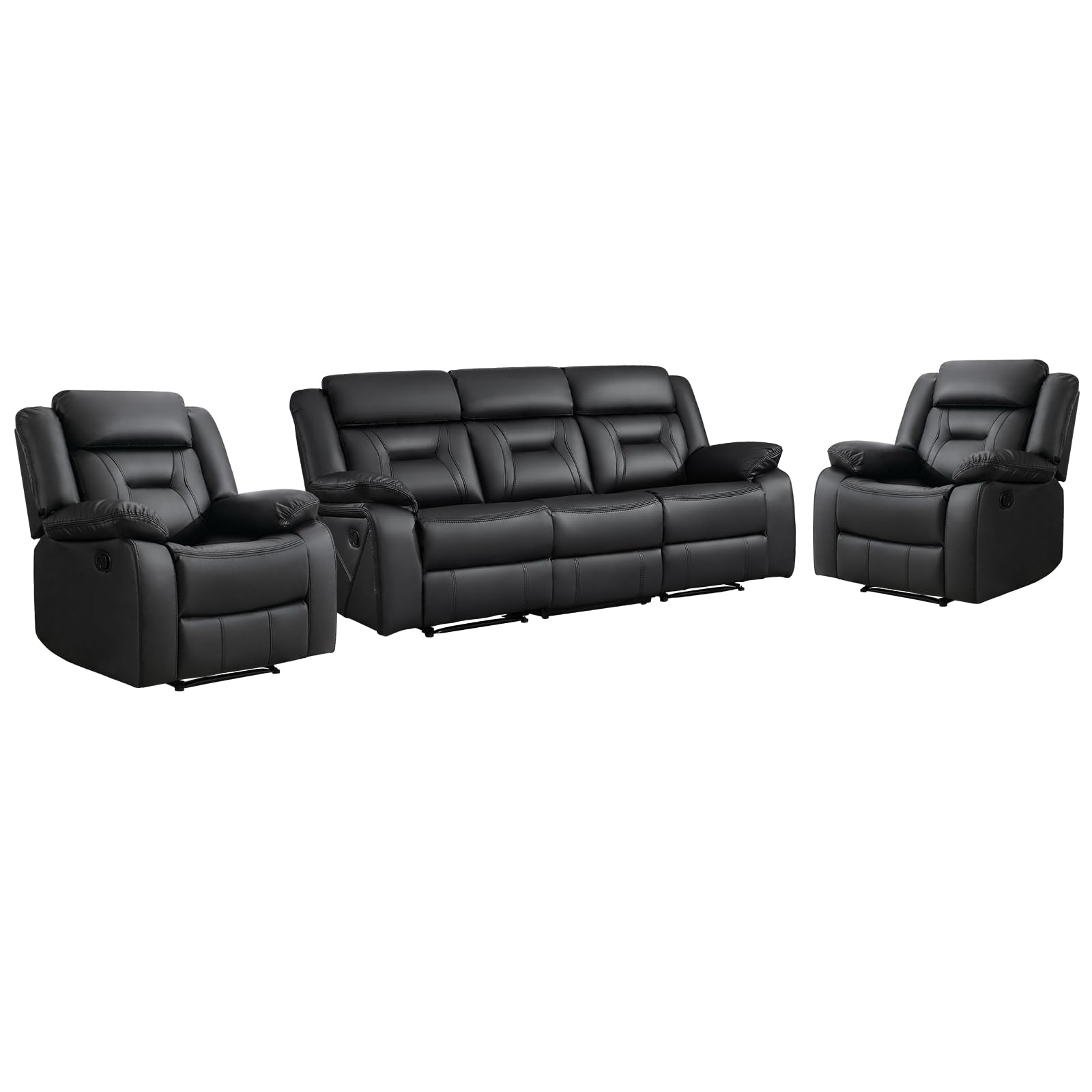 EBELLO Faux Leather Recliner Sofa Furniture Set for Living Room, 2 Recliner Chairs, 3 Seat Reclining Sofa Couch Set for Meeting Room, Black view 8