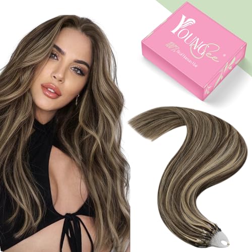 Image of YoungSee Microlink Hair Extensions Human Hair Brown Microbead Hair Extensions Human Hair Brown Highlight Blonde Bead Hair Extension 16 Inch Remy Hair 50s 57g for Wedding