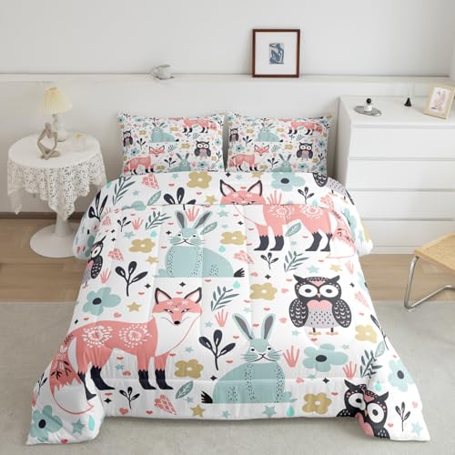 Image of Feelyou Fox Rabbit Owl Comforter Set King Size, Cartoon Fox Comforter for Kids Toddler Cute Rabbit Comforter Set Tropical Kawaii Animal Duvet Set Durable Quilt Set