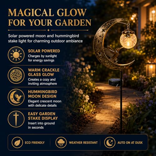 MOYEE Hummingbird Solar Garden Stake Light, Moon Outdoor Solar Lights with Crackle Glass Globe, Metal Crescent Moon Yard Decor, Waterproof Solar Pathway Light for Garden Patio Lawn Flower Bed - image 6