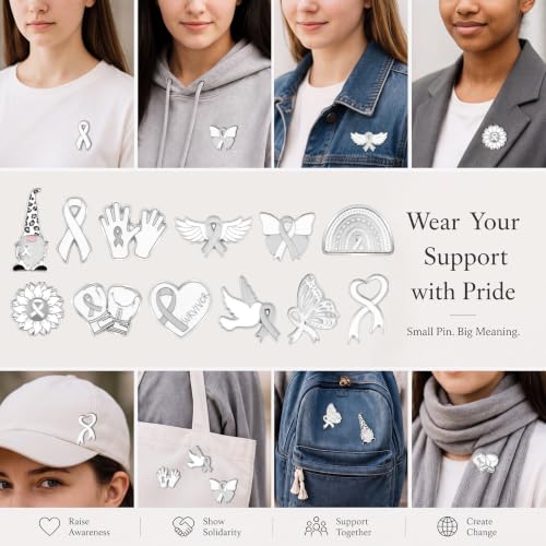 Image of Landical 60 Pcs Brain Cancer Awareness Enamel Pins Bulk Gray Ribbon Lapel Pin Brain Tumor Awareness Product Items for Fundraising Support Care Hope Accessories