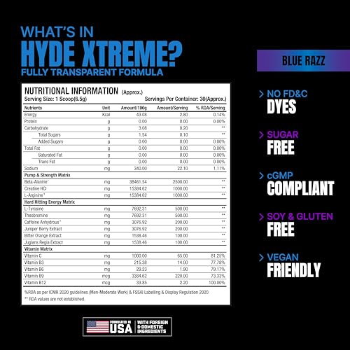Image of Prosupps HYDE Xtreme- Hard Hitting Energy Pre Workout Supplement | Caffeine, Beta-Alanine, Creatine Hcl, L-Arginine | For Muscle Pump, Vascularity|30 Servings (Blue Razz), Powder, 195 grams