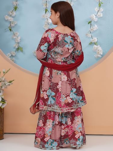Image of Preneum Girls's Cotton Rayon Printed Angrakha Kurta with Sharara & Dupatta