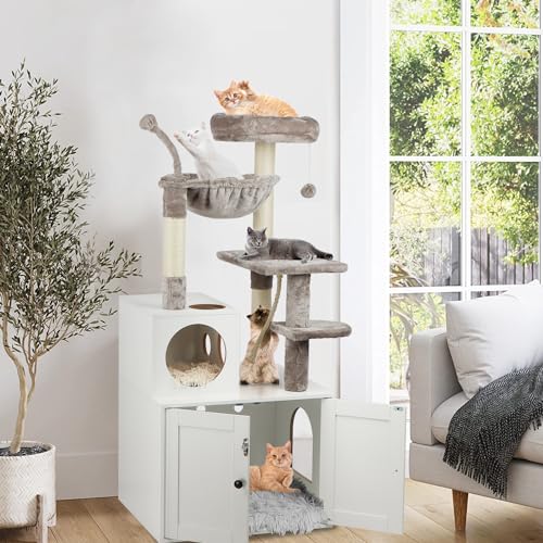 Timberer Cat Tree with Litter Box Enclosure, 2-in-1 Cat Tower for Indoor Cats, Large Cat Furniture, Wood Cat Condo with Basket, Scratching Posts, Pompoms, White