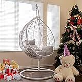 Patio Swing Chair with Stand, Gray Cushion, Egg Chair with Support Frame, Hammock Chair Swing Wicker Plastic for Indoor, Outdoor, Garden, Backyard & Patio