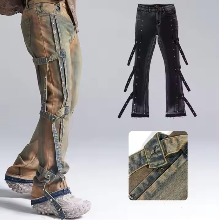 Casual Men's Loose Vintage Layered Jeans, Mid-Rise, Everyday Street Pants3
