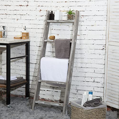 MyGift Large Whitewashed Wood Ladder Blanket Ladder, Farmhouse Style Wall Leaning Towel Rack with 5 Rungs (Graywashed)