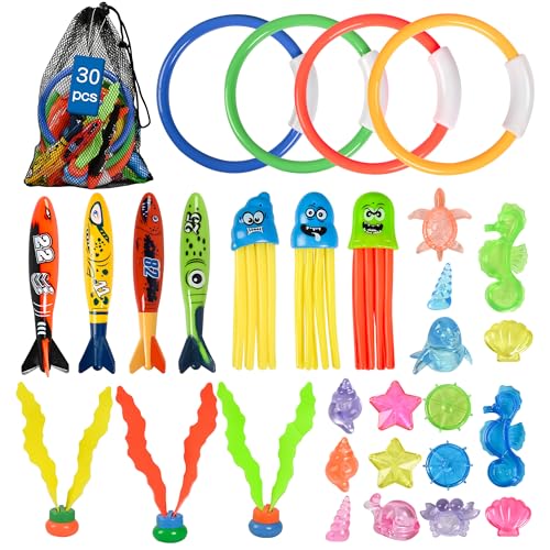 30 Pcs Diving Pool Toys for Kids Underwater Swimming Toys with Storage Bag Summer Swim Games Sinking Set Dive Gifts Include Torpedos Rings Marine Animals Octopus Toys for Boys Girls Toddlers