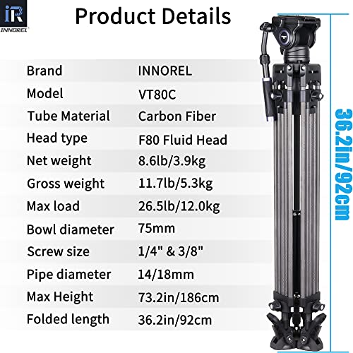Video Carbon Fiber Tripod System, Innorel Vt80C Tripod Kit 73In/186Cm Professional Heavy Duty Carbon Twin Tube Tripod With F80 Fluid Head Mid-Level Spreader Max Load 12Kg Dslr Camcorder #TOP7