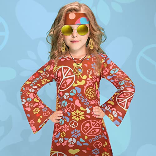Heentan 6 Pcs 60S 70S Outfits For Girls Kids Hippie Costume Set Boho Dress Hippie Outfits Accessories Set (Funny Style, Medium) #TOP4