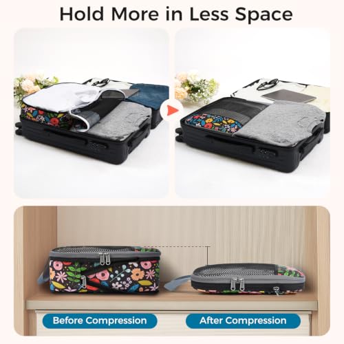 Image of BAGAIL 4 Set /6 Set /8 Set Compression Packing Cubes Travel Accessories Expandable Packing Organizers (Half Mesh, 6-Black Floral)