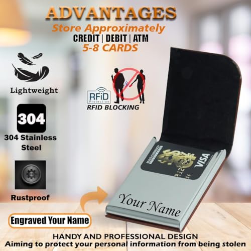 Image of Customised /Personlised Name Engraved Stainless Steel Metal Unisex RFID Blocking Business Visiting Wallet Card Holder for Men & Women /Gift Your Loved Once on Any Occasion (Brown)