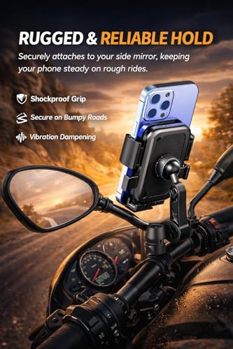 Image of MotoPro K2 Motorcycle Phone Holder for Mirror Rod | One-Touch Lock | Anti-Vibration Mount | 360 Adjustable Mobile Stand for Bikes & Scooters