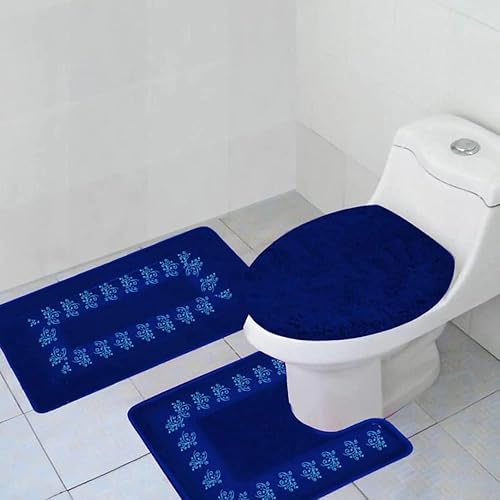 DecorOutlet - Juego de alfombras de baño de 3 piezas con tapa de inodoro tapete de encimera azul marino