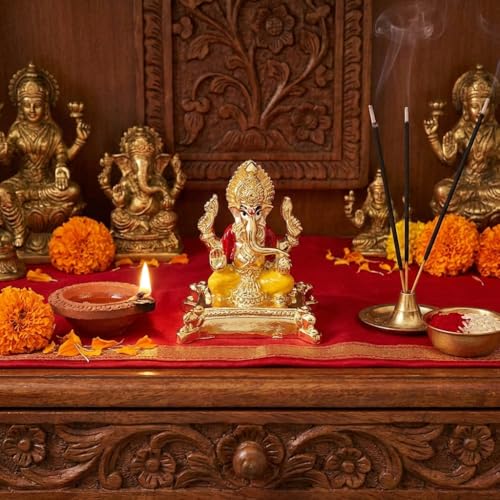 Image of Gold Plated Ganesh Idol | Ganpati Murti for Car Dashboard, Office Desk, Hindu God Gift & Home Decor - Resin (Gold 2 in)