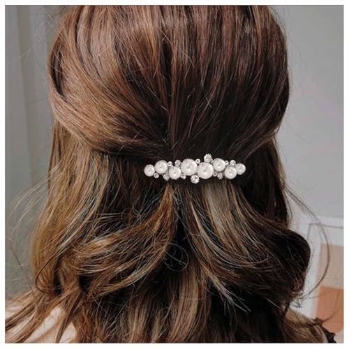 IRCOMULTI Silver Pearl Hair Clip for Women Pearls Crystal Hair Barrette Wedding Rhinestone Hairclip French Crystal Barrettes Decorative Accessories for Women Headdress (Silver Pearl B)