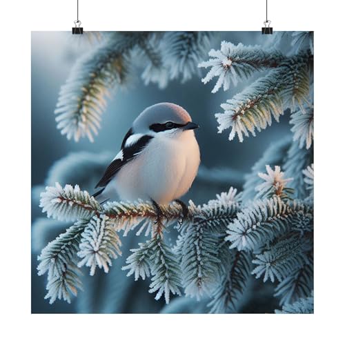 Northern Shrike Perched on Frosty Hemlocks Poster - 18x18 Inch Matte Print - Made in USA
