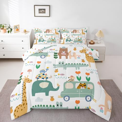 Image of Feelyou Zoo Animals Comforter Set Full Size, Cartoon Elephant Comforter for Kids Boys Girls Crocodile Bedding Set Bear Rabbit Duvet Insert with 2 Pillow Case