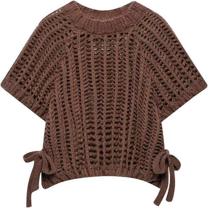 Womens Chunky Knit Cropped Sweater Vest Cute Side Bow Tie Crew Neck Short Cap Sleeve Crochet Pullover Sweater Tank Tops Y2K