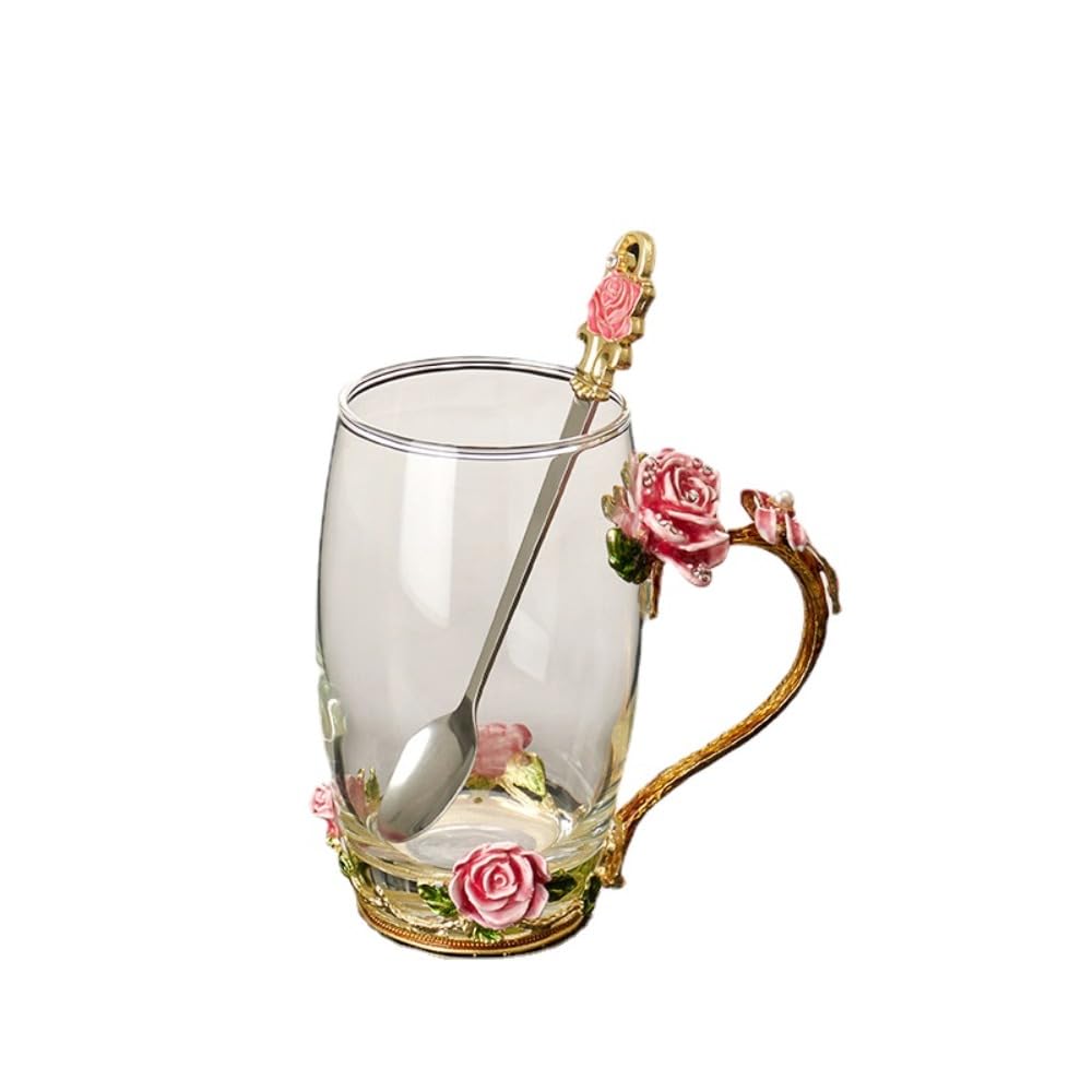 Fancy Tea Cups Glass Coffee Mugs,Glass Cups with Spoon Set,Send Coaster Cleaning Cloth Rose Flower Enamel Design Birthday Wedding Gift(Tall,Pink)
