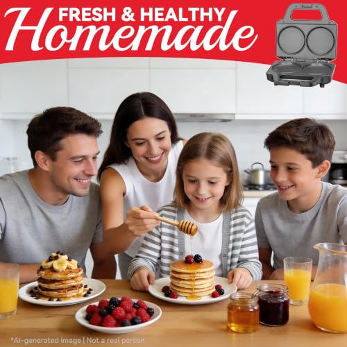Image of SugarWhisk 4 Inch Double Mini Pancakes Maker Machine, Arepa Maker, Electric Pancake Maker Griddle, Ideal for Pancakes, Cookies, Eggs, Arepas & Breakfast Sandwiches, Graphite
