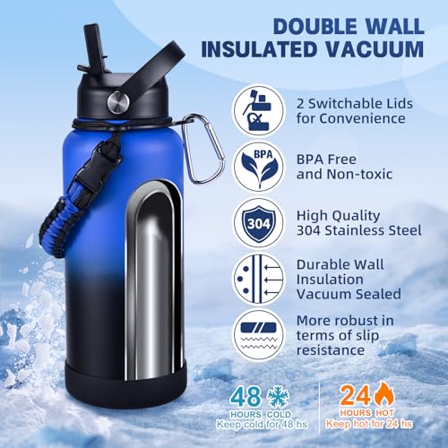 Image of Insulated Water Bottle, 32 oz Stainless Steel Wide Mouth Water Bottles with 2 Leak Proof Lid and Paracord Handle, Double Wall Vacuum Insulated Sports Water Bottle, Blue Black