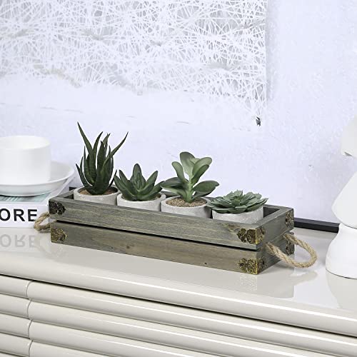 Mygift 5 Piece Artificial Plant Display Set, Mini Assorted Faux Succulents, Indoor Fake House Plants In Concrete Planters With Gray Wood Crate Style Window Box And Rope Handles #TOP1